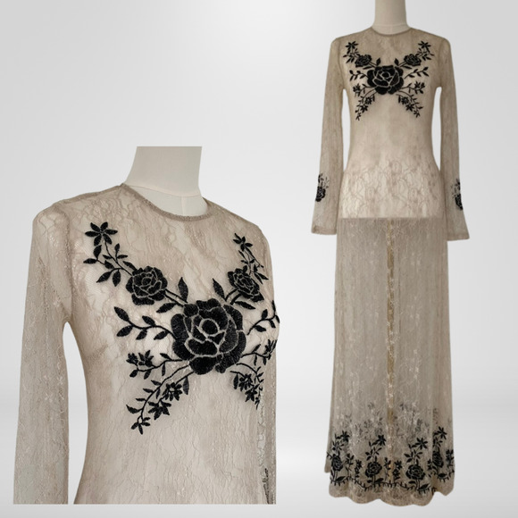 Forever 21 Womens Lace Maxi Dress Size M Fairy Whimsigoth Sheer Embroidered Boho - Picture 1 of 14